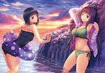  aozaki_aoko arched_back arm_support ass bikini black_eyes black_hair blue_eyes breasts brown_hair casual_one-piece_swimsuit cloud frilled_swimsuit frills heart heart_print innertube jacket kichiroku kuonji_alice large_breasts legs looking_at_viewer mahou_tsukai_no_yoru multi-strapped_bikini multicolored multicolored_bikini multicolored_clothes multiple_girls navel ocean one-piece_swimsuit open_clothes open_jacket outdoors partially_submerged print_bikini short_hair side-tie_bikini sky smile sunset swimsuit thighs wading water 