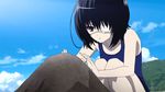  animated animated_gif another black_hair cloud day eyepatch flat_chest hill misaki_mei red_eyes sand screencap sky solo squatting swimsuit water waves 