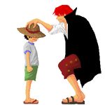  2boys amputee black_hair child east_blue full_body hat jacket_on_shoulders lowres male male_focus monkey_d_luffy multiple_boys one_piece red_hair sandals shanks shirt standing straw_hat t-shirt white_shirt young younger 