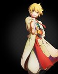  ali_baba_saluja arabian_clothes arm_behind_back black_background blonde_hair choker earrings highres jewelry magi_the_labyrinth_of_magic male_focus official_art orange_eyes solo sword weapon 