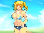  1girl aftersex blond_daisuki! blonde_hair breasts bukkake cum cum_on_body cum_on_breasts cum_on_clothes cum_on_lower_body cum_on_upper_body large_breasts midriff solo yoko_juusuke 