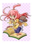  absurdres book copyright_request glasses highres kubocha long_hair looking_at_viewer open_mouth pink_hair recursion smile solo thighhighs 