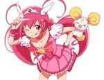  ;q antenna_hair azuma_yukihiko bow bowtie brooch candy_(smile_precure!) choker creature cure_happy frills hand_on_hip hoshizora_miyuki jewelry leaning_forward long_hair magical_girl one_eye_closed pink pink_bow pink_choker pink_eyes pink_hair pink_neckwear pink_skirt precure skirt smile smile_precure! tiara tongue tongue_out twintails v white_background wrist_cuffs 