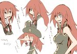  armpits black_eyes blue_eyes blush bow braid check_translation closed_eyes fang grin hat hat_removed headwear_removed holding hong_meiling impossible_clothes kumo_(atm) long_hair open_mouth outstretched_arms red_hair ribbon smile sweatdrop touhou translation_request twin_braids vest 