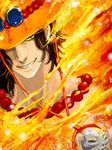  1boy beads brown_hair fire freckles hat hat_over_one_eye jewelry male male_focus necklace one_piece portgas_d_ace smile solo teeth topless yellow_eyes 