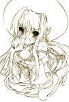  blush breasts copyright_request hat highres long_hair looking_at_viewer medium_breasts monochrome open_mouth self_fondle senomoto_hisashi simple_background solo tears thighhighs very_long_hair white_background 