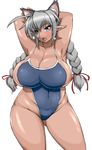  1girl animal_ears armpits arms_behind_head astraea13 blue_eyes braid braids breasts cat_ears curvy dark_skin elf female hands_behind_head huge_breasts long_hair mound_of_venus one-piece_swimsuit open_mouth original plump pointy_ears silver_hair simple_background solo standing swimsuit tan thighs twin_braids twinbraids white_background 