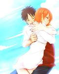  1boy 1girl blue_sky brown_hair cloud clouds eyes_closed female hug male monkey_d_luffy nami nami_(one_piece) one_piece one_piece:_strong_world orange_hair outdoors scar sky smile vest 