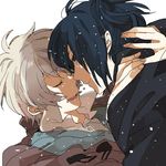  black_hair camelot closed_eyes coat hug jacket male_focus multiple_boys nezumi_(no.6) no.6 open_mouth scarf shion_(no.6) short_hair short_ponytail tears white_hair yaoi 