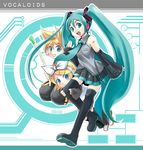  2girls blonde_hair blue_eyes detached_sleeves hatsune_miku kagamine_len kagamine_rin kubocha long_hair looking_at_viewer multiple_girls smile thighhighs twintails very_long_hair vocaloid 