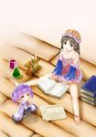  atelier_(series) atelier_totori bad_id bad_pixiv_id bare_shoulders barefoot black_hair blue_sleeves blush book brown_eyes chim_(atelier) detached_sleeves feet highres multiple_girls open_mouth pointy_ears purple_hair shanaharuhi sitting sleeves_past_wrists smile test_tube totooria_helmold twintails yellow_eyes 