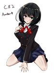  another beni-bana black_hair blush green_eyes heterochromia highres misaki_mei no_eyepatch open_mouth red_eyes school_uniform short_hair simple_background sitting solo wariza white_background 