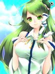  bare_shoulders breast_suppress breasts detached_sleeves frog_hair_ornament green_eyes green_hair hair_ornament hair_tubes hands_on_own_chest kochiya_sanae large_breasts long_hair shirt smile snake solo taut_clothes taut_shirt touhou yutazou 