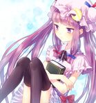  black_legwear blush book bow crescent hat holding holding_book kohaku. long_hair patchouli_knowledge purple_eyes purple_hair solo striped thighhighs touhou 