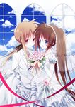  bad_id bad_pixiv_id blonde_hair blue_eyes bouquet bridal_veil bride brown_hair carrying dress elbow_gloves fate_testarossa flower gloves gown hair_ribbon highres jewelry long_hair lyrical_nanoha mahou_senki_lyrical_nanoha_force multiple_girls necklace necktie nishina_(alive001) open_mouth pendant pink_flower pink_rose princess_carry red_eyes ribbon rose side_ponytail takamachi_nanoha tuxedo veil wedding wedding_dress white_dress wife_and_wife yuri 