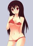  bad_id bad_pixiv_id bikini bikini_in_mouth blush breasts brown_hair cameltoe highres long_hair matsumi_kuro medium_breasts mouth_hold nagamon navel red_bikini red_eyes saki saki_achiga-hen solo swimsuit underboob 