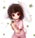  amanojaku animal_ears bad_id bad_pixiv_id brown_hair bunny_ears bunny_tail carrot carrot_necklace clover four-leaf_clover highres inaba_tewi jewelry necklace pendant red_eyes short_hair simple_background smile solo tail touhou white_background 