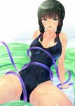  amasora_taichi black_hair blush braid breasts collarbone green_eyes groin hair_over_shoulder holding hose large_breasts looking_at_viewer one-piece_swimsuit original sitting solo swimsuit twin_braids wet 