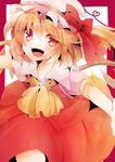  bad_id bad_pixiv_id blonde_hair blush bow flandre_scarlet hair_bow hat highres open_mouth outstretched_arms puffy_sleeves red_eyes short_hair short_sleeves side_ponytail solo sugino_(patrassyar) touhou 