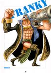  1boy blue_hair boots character_name cyborg franky full_body jacket male male_focus muscle official_art one_piece open_clothes open_shirt sash shirt solo sunglasses weapon 