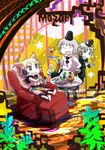  dress drink earmuffs food green_dress green_eyes green_hair grey_hair hat japanese_clothes jizeru_(giselebon) kariginu mononobe_no_futo multiple_girls open_mouth short_hair skirt smile soga_no_tojiko tate_eboshi touhou toyosatomimi_no_miko 