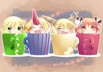  :d ^_^ blonde_hair blush chibi closed_eyes commentary_request cup double_bun green_eyes hammer_(sunset_beach) horn horns hoshiguma_yuugi ibaraki_kasen ibuki_suika in_container in_cup minigirl mizuhashi_parsee multiple_girls open_mouth outline pointy_ears red_eyes red_hair smile star sweatdrop touhou 
