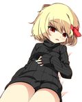  blonde_hair bottomless hair_ribbon looking_at_viewer lying naked_sweater no_pants on_back red_eyes ribbed_sweater ribbon rumia shamo_(koumakantv) short_hair solo sweater touhou 