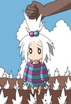  1girl bad_moon field gym_leader homika_(pokemon) plant pokemon pokemon_(game) pokemon_bw2 shirt striped striped_shirt topknot white_hair 