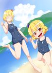  aki_minoriko aki_shizuha blonde_hair chopsticks multiple_girls school_swimsuit smile swimsuit touhou waribashi-p 