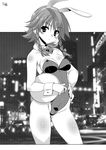  animal_ears bare_legs bare_shoulders bow bowtie braid breasts bunny_ears bunnysuit cleavage detached_collar greyscale highres izayoi_sakuya medium_breasts monochrome short_hair solo touhou tray twin_braids umyonge_(lkakeu) wrist_cuffs 