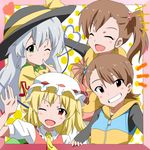  blonde_hair brown_eyes brown_hair closed_eyes crossover fang flandre_scarlet fueiku futami_ami futami_mami green_eyes hat idolmaster idolmaster_(classic) komeiji_koishi multiple_girls one_eye_closed open_mouth red_eyes short_hair siblings side_ponytail silver_hair smile touhou twins 