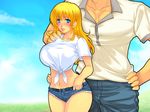  1boy 1girl blond_daisuki! blonde_hair breasts large_breasts midriff yoko_juusuke 