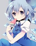  bad_id bad_pixiv_id blue_dress blue_eyes blue_hair bow cirno dress food food_on_face hair_bow highres looking_at_viewer mihatarou popsicle puffy_sleeves shirt short_hair short_sleeves sitting smile solo touhou watermelon_bar wings 