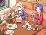  ahoge amami_haruka blue_hair brown_hair chopsticks eating food fork hairband ice_cream idolmaster idolmaster_(classic) knife long_hair miura_azusa multiple_girls noodles pudding purple_eyes ramen shijou_takane short_hair silver_hair spoon steak sundae 