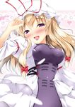  blonde_hair blush bow feathers hair_bow hat hat_ribbon long_hair long_sleeves makoto_(shin) open_mouth puffy_sleeves ribbon solo touhou wide_sleeves yakumo_yukari 