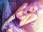  1girl blush breasts censored dildo erect_nipples female game_cg girl inchiki_reibaishi long_hair masturbation nipples phone purple_hair solo vaginal waffle 