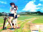  back-to-back bicycle bicycle_basket black_hair blue_skirt blue_sky closed_umbrella cloud day dirt_road field glasses grass ground_vehicle hill holding holding_umbrella knee_up kneehighs leaning_on_person looking_away looking_to_the_side mouth_hold multiple_girls neckerchief original oshou_(pixiv232198) outdoors pigeon-toed puddle red-framed_eyewear road scenery school_uniform serafuku shirt shoes short_hair short_sleeves skirt sky smile sneakers socks standing transparent transparent_umbrella tupet umbrella water white_legwear white_shirt wide_shot wind 