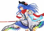  adapted_costume blue_hair detached_sleeves flower grin hat hinanawi_tenshi judo_fuu long_hair red_eyes red_scarf scarf smile solo sword sword_of_hisou touhou weapon white_background 
