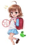  1girl ahoge alternate_costume backpack bag blue_skirt blush_stickers brown_eyes brown_footwear brown_hair eyebrows_visible_through_hair feet_out_of_frame frog gekota loafers looking_at_viewer misaka_mikoto no_nose open pleated_skirt puma_(hyuma1219) randoseru shoes short_hair simple_background skirt socks solo standing standing_on_one_leg to_aru_kagaku_no_railgun to_aru_majutsu_no_index translation_request twitter_username white_background white_legwear younger 