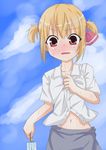  alternate_costume alternate_hairstyle casual food highres navel popsicle rumia shirt short_twintails solo sweat touhou twintails you_shugyouchuu 