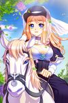  blonde_hair blue_eyes blush breasts cat_shi choker cleavage day dress flower hat holding horse horseback_riding large_breasts lowres open_mouth outdoors parted_lips riding rose rose_pacifica sitting smile solo sword_girls top_hat veil 