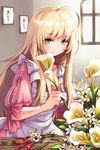  ahoge apron blonde_hair bouquet bow calla_lily flower green_eyes helena_k_sink holding holding_flower indoors long_hair lowres ribbon scissors smile solo sword_girls very_long_hair wooni 