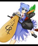  adapted_costume advent_cirno blue_eyes blue_hair bow cirno dagger dual_wielding gloves hair_bow holding kochiya_hizuki long_sleeves short_hair short_sleeves solo sword touhou weapon white_background 