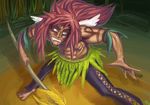  1boy abs barefoot blue_eyes calgara facial_mark facial_markings fighting_stance grass_skirt highres long_hair male male_focus muscle one_piece outdoors pink_hair plant polearm solo spear tattoo weapon wings 