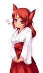  animal_ears blush fang fox_ears hands_together japanese_clothes long_hair looking_at_viewer miko nekohige original own_hands_together purple_eyes red_hair solo white_background 