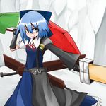  adapted_costume advent_cirno blue_eyes blue_hair bow cirno dual_wielding gloves hair_bow highres holding long_sleeves short_hair short_sleeves solo soudayu stance sword touhou weapon 