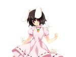  animal_ears black_hair bunny bunny_ears carrot carrot_necklace game_cg inaba_tewi jewelry necklace open_mouth pendant puffy_sleeves red_eyes riv short_hair solo touhou transparent_background 