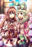  bad_id bad_pixiv_id brown_eyes brown_hair flower green_eyes green_hair hat hydrangea leaf leucochloridium_paradoxum long_hair multiple_girls necktie open_mouth original parasite personification ribbon ringlets sidelocks skirt snail snail_girl suou_sakura thighhighs zettai_ryouiki 