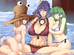  arm_hug ass bikini bikini_top blonde_hair breast_squeeze breasts cleavage closed_eyes frog_hair_ornament front-tie_top green_hair hair_ornament hair_ribbon hat huge_breasts kochiya_sanae large_breasts licking_lips looking_at_viewer looking_back mirror moriya_suwako multiple_girls navel open_mouth purple_hair red_bikini red_eyes ribbon side-tie_bikini sitting smile snake spread_legs swimsuit tobisawa tongue tongue_out touhou trefoil underboob water wet wet_clothes white_bikini yasaka_kanako yellow_eyes 