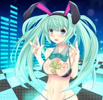  animal_ears aqua_eyes aqua_hair between_breasts bikini blush breasts bunny_ears checkered checkered_floor double_v fake_animal_ears fingernails hatsune_miku highres karucho large_breasts long_fingernails long_hair money money_hold navel open_mouth shiny shiny_skin smile solo strap_gap swimsuit twintails v vocaloid 